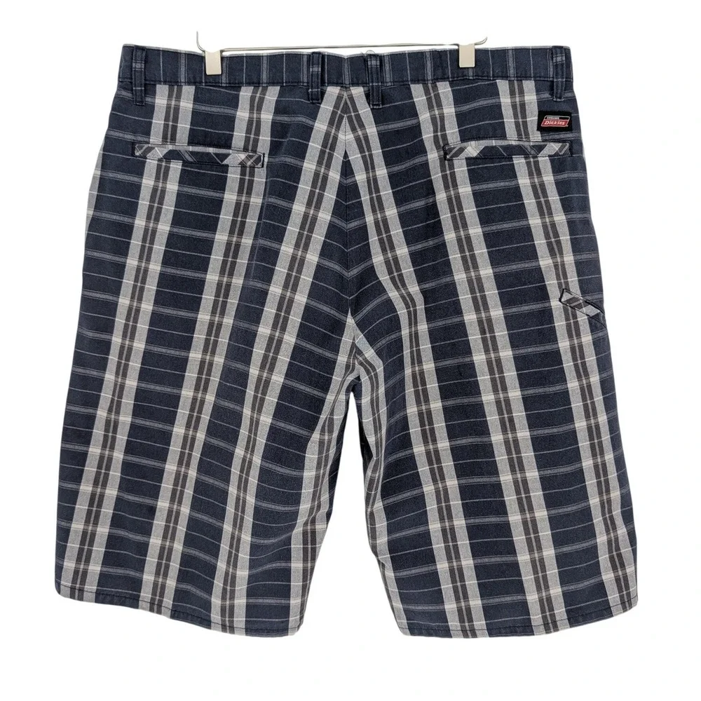 Y2K Dickies Plaid Shorts Mens 38 Navy Grey Flat Front Work Utility Skater Grunge